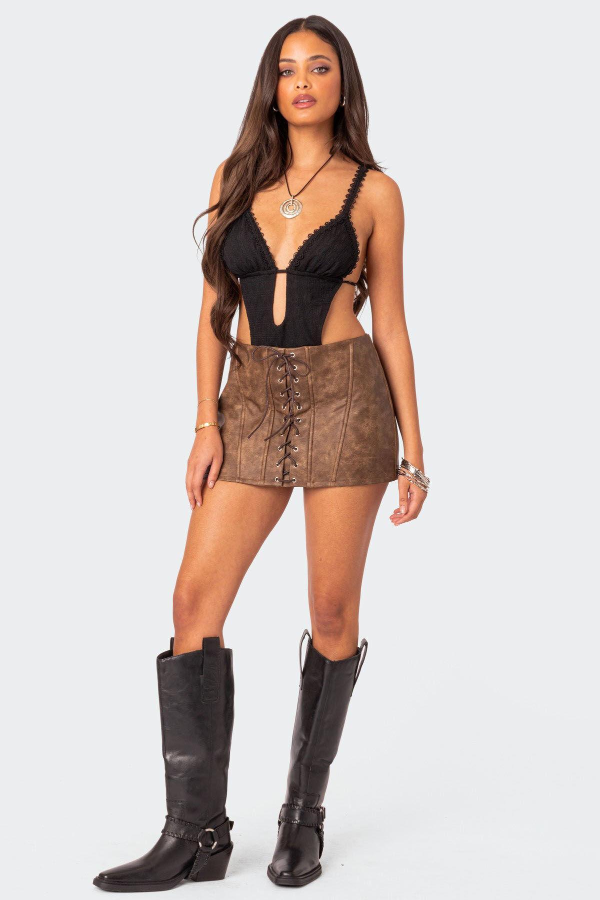 Ainsley Lace Up Faux Leather Mini Skirt Product Image