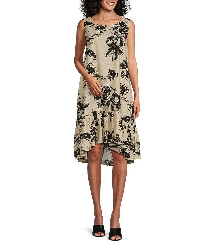 Bryn Walker Angelita Linen Blend Floral Round Neck Sleeveless Hi-Low Ruffled Hem Coordinating Shift Dress Product Image