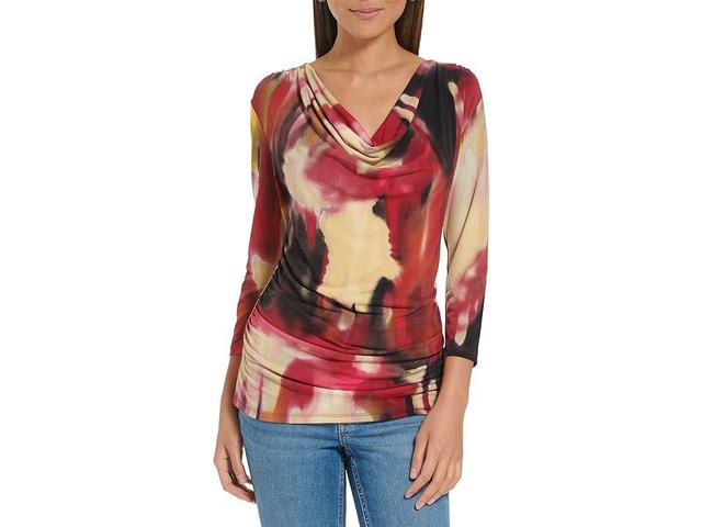 Calvin Klein Printed Long Sleeve Cowl Front (Cranberry Combo) Women's Clothing Product Image