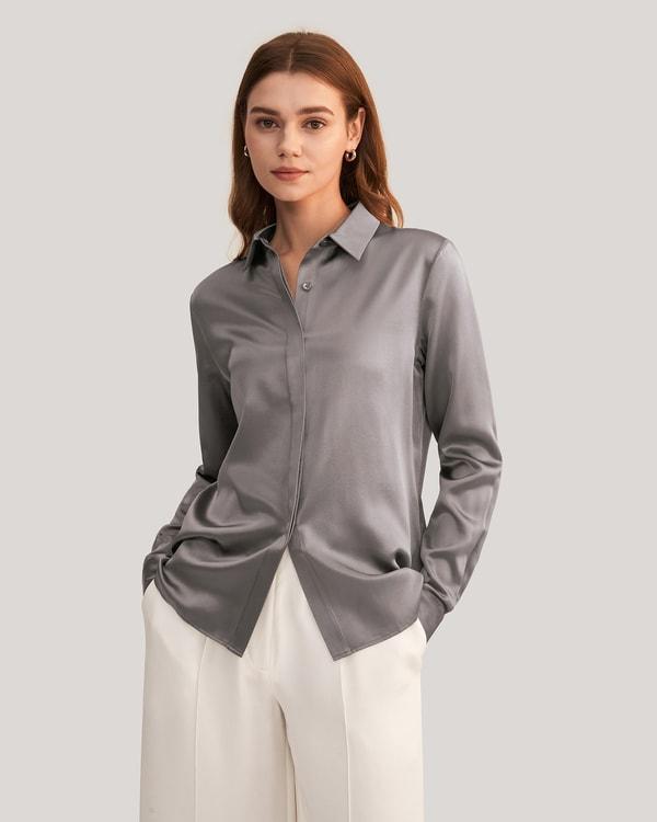 Basic Concealed Placket Silk Shirt Product Image