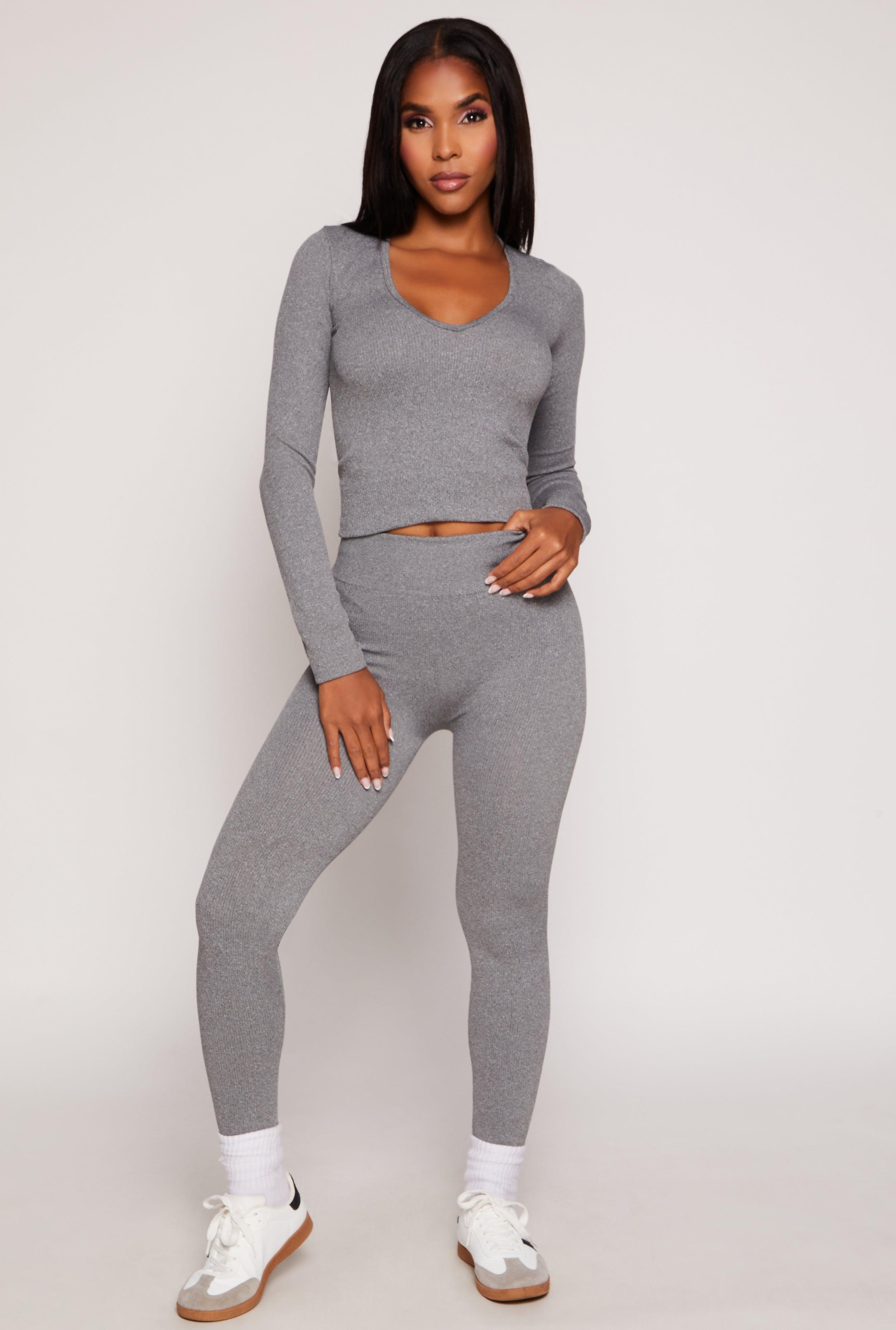 Womens Seamless Ribbed Knit Long Sleeve Top and Leggings Set Product Image