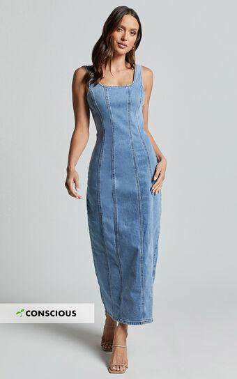 Zenith Midi Dress - Wide Strap Panel Detail Recycled Denim Dress in Mid Blue Wash Product Image