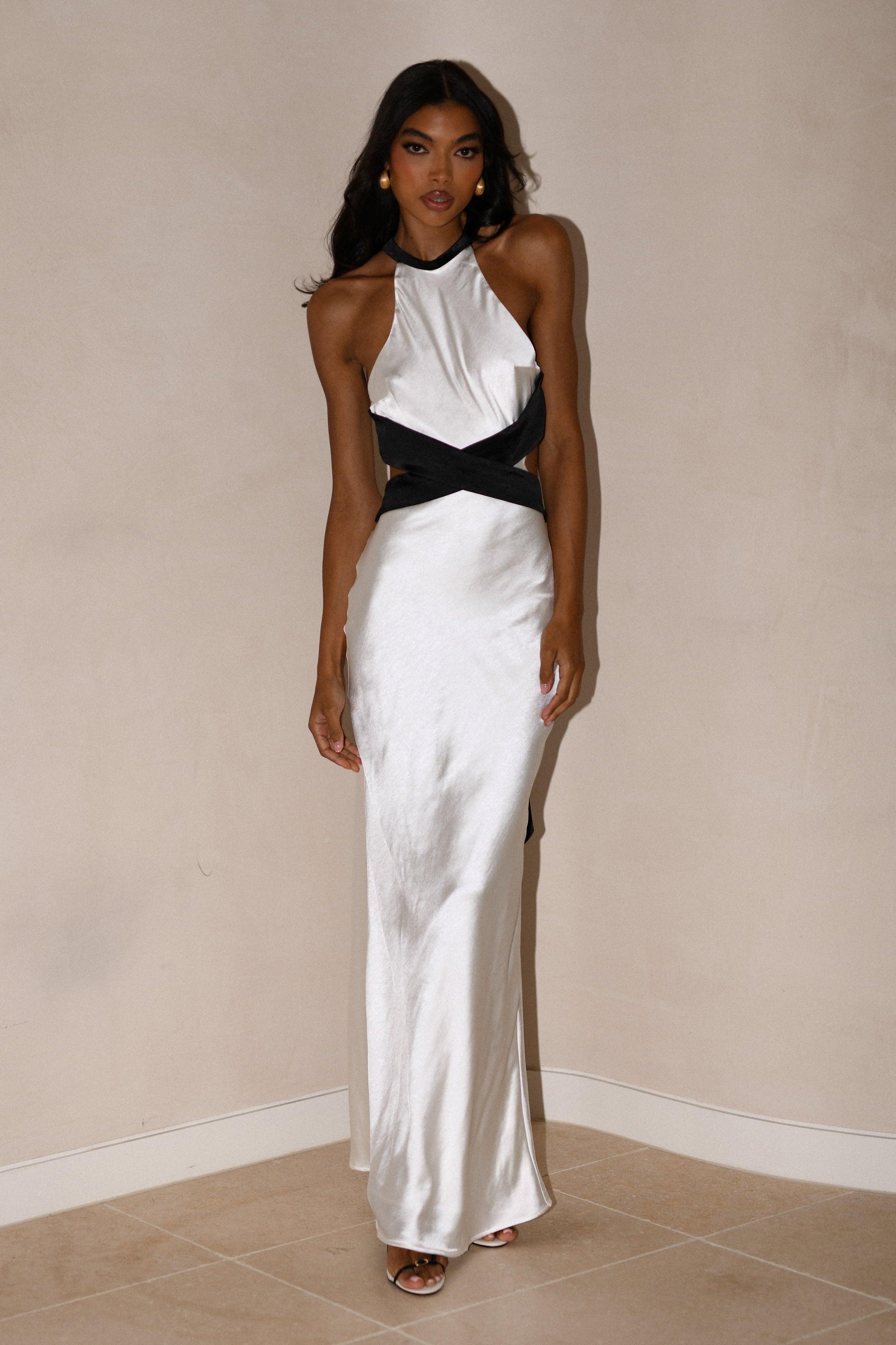 Nalani Satin Halter Maxi Dress - Black/White Product Image