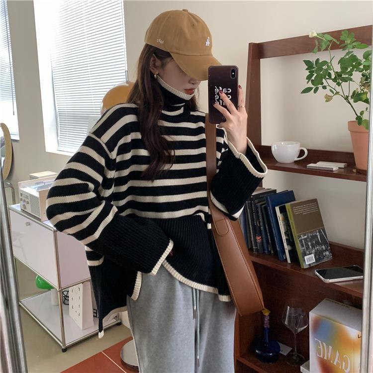 Turtleneck Striped Slit Sweater Product Image