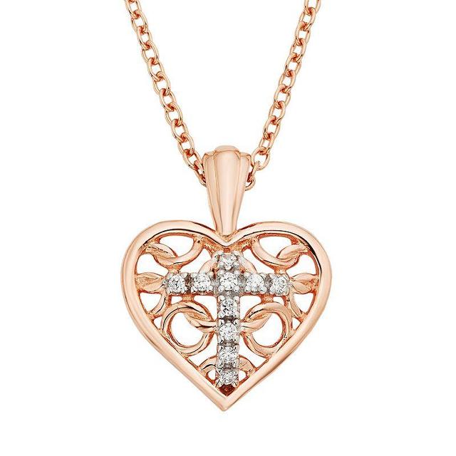 Diamond Accent Pink Rhodium-Plated Sterling Silver Heart & Cross Pendant, Womens White Product Image