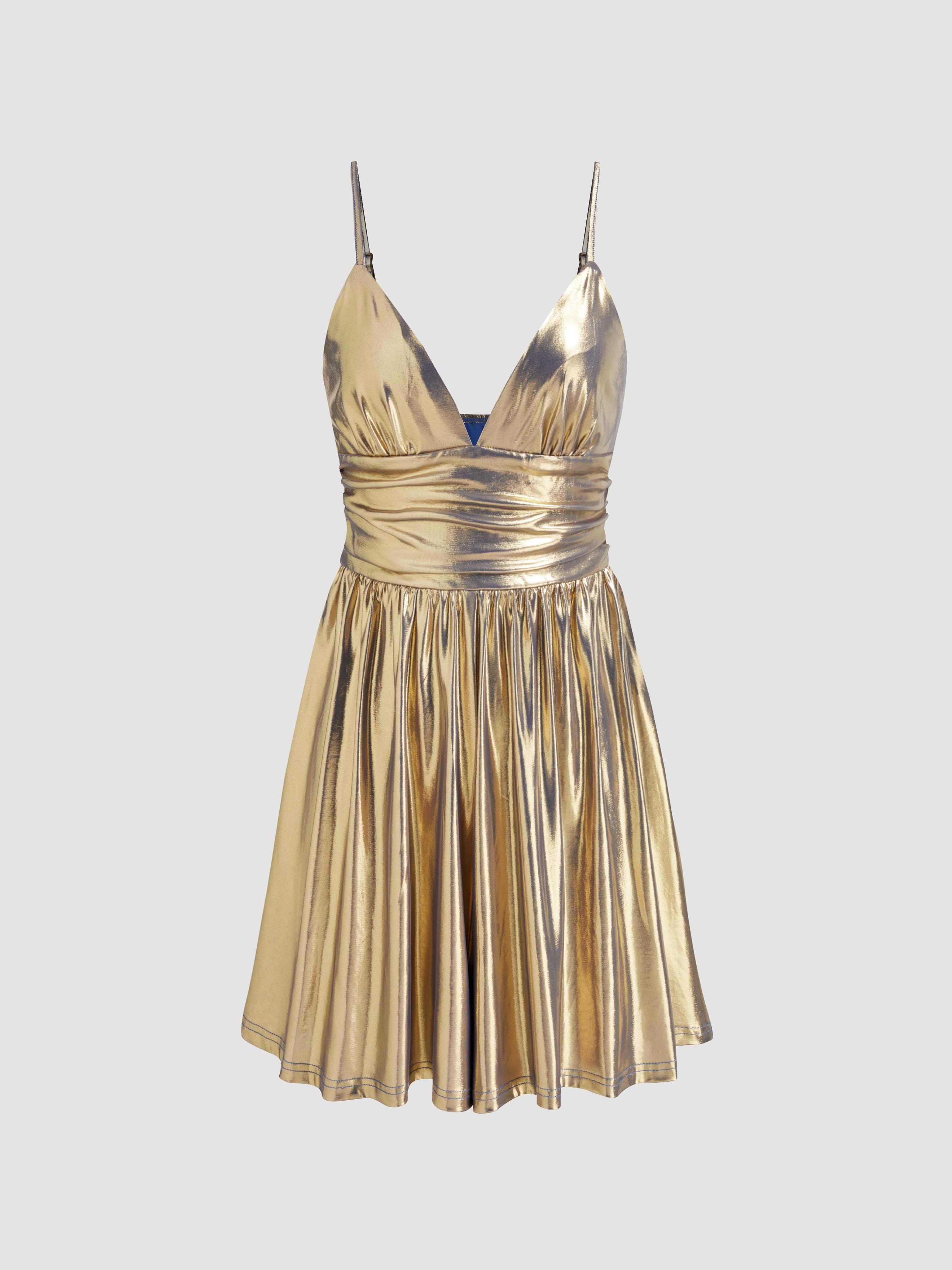 Metallic Ruched Ruffle V-neck Romper Product Image