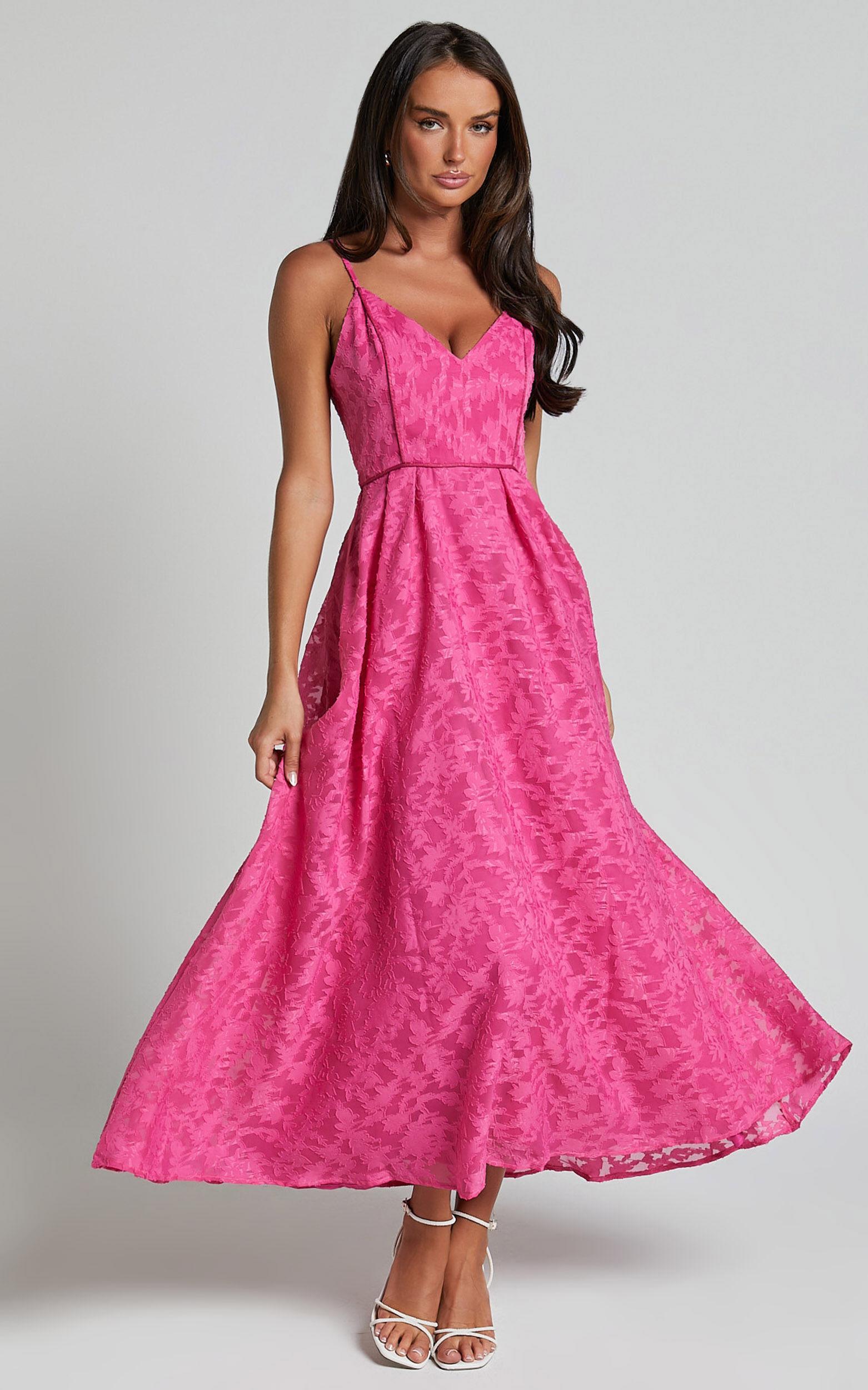 Philine Midi Dress - Jacquard Plunge Fit and Flare Dress in Pink Product Image