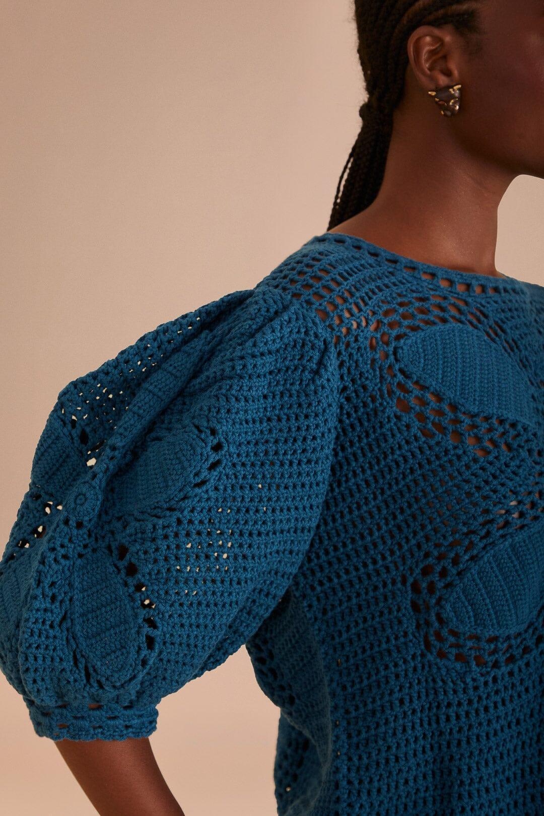 Teal Flower Draw Crochet Blouse, TEAL / XL Product Image