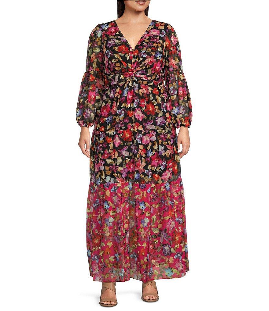 Vince Camuto Plus Size Floral Print V-Neck 3/4 Sleeve Chiffon Maxi Dress Product Image