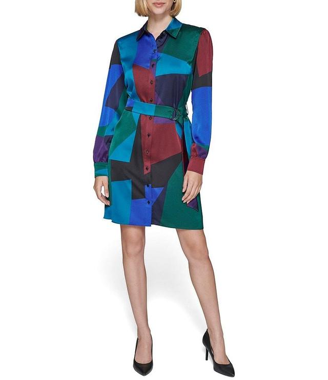 KARL LAGERFELD PARIS Geo Print Satin Crepe Collar Neck Long Sleeve Tie Waist Button Front Mini Dress Product Image