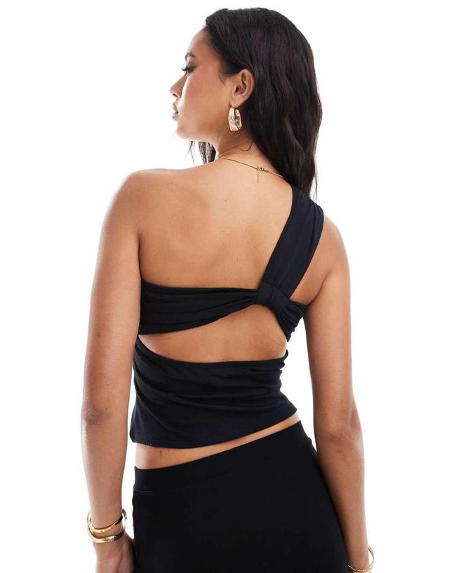 ASOS DESIGN one shoulder knotted back detail top in black Product Image