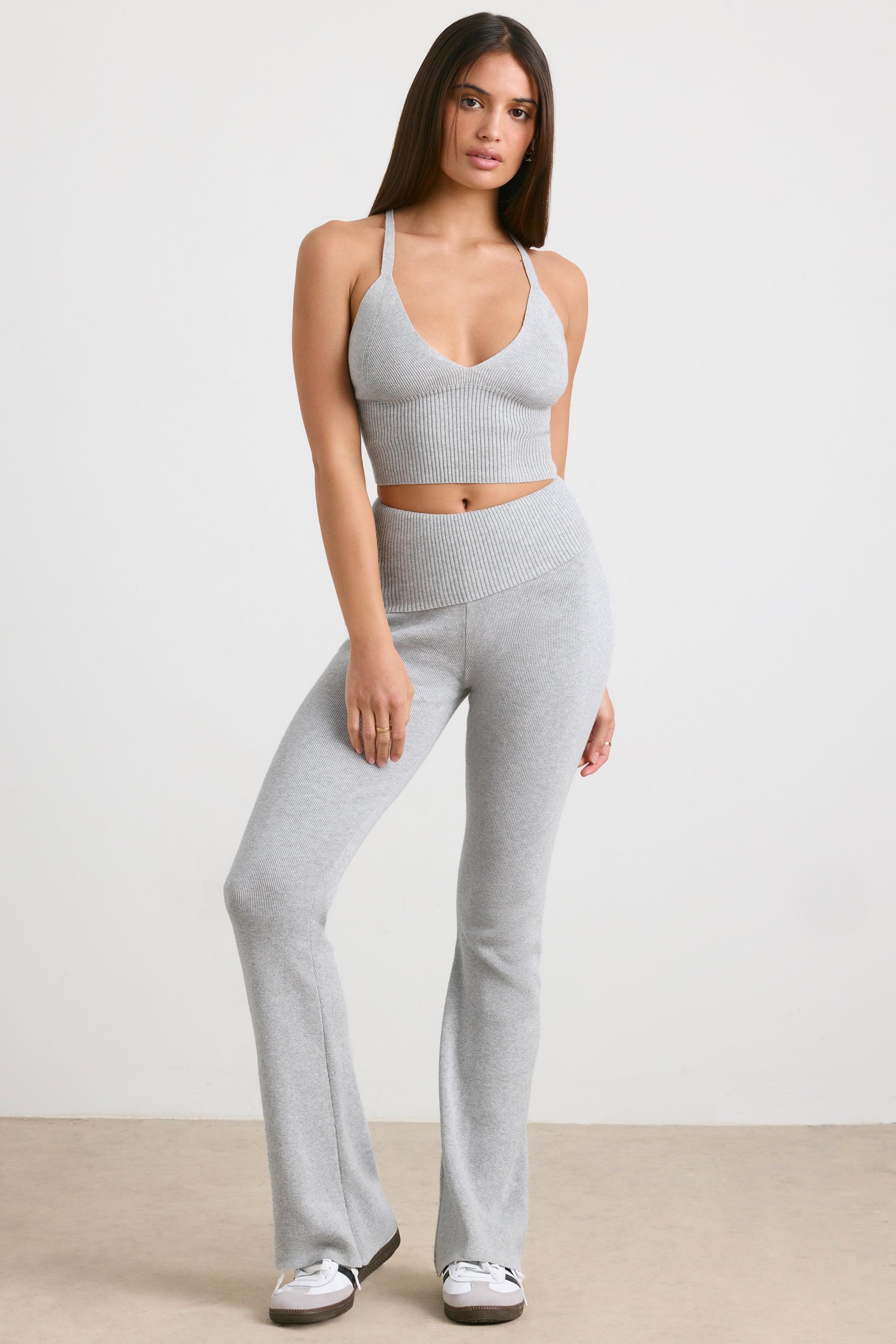 Petite Chunky Knit Kick Flare Trousers in Heather Grey Product Image