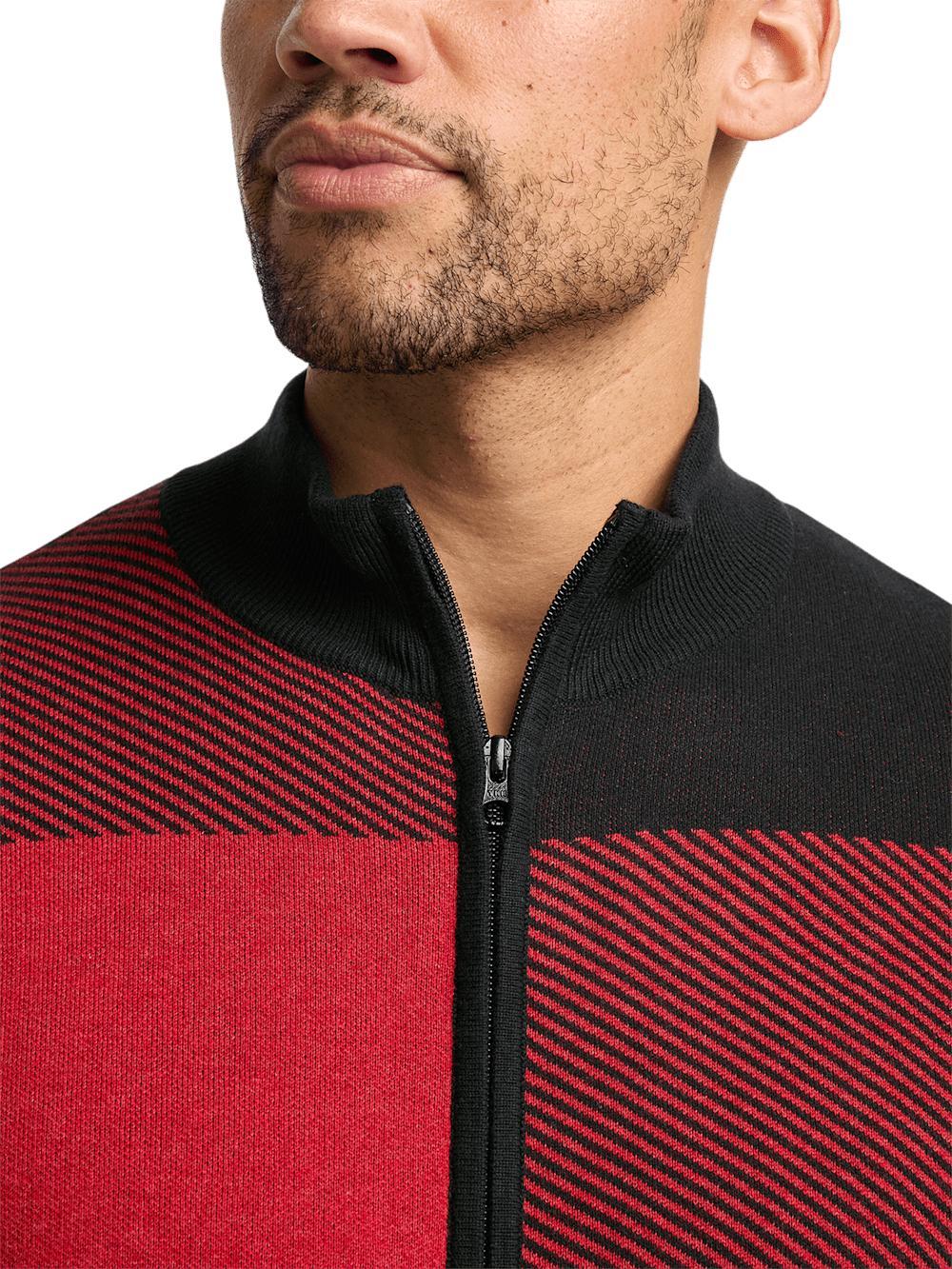 Cotton Full Zip Mock Neck Sweater - Red/black Product Image