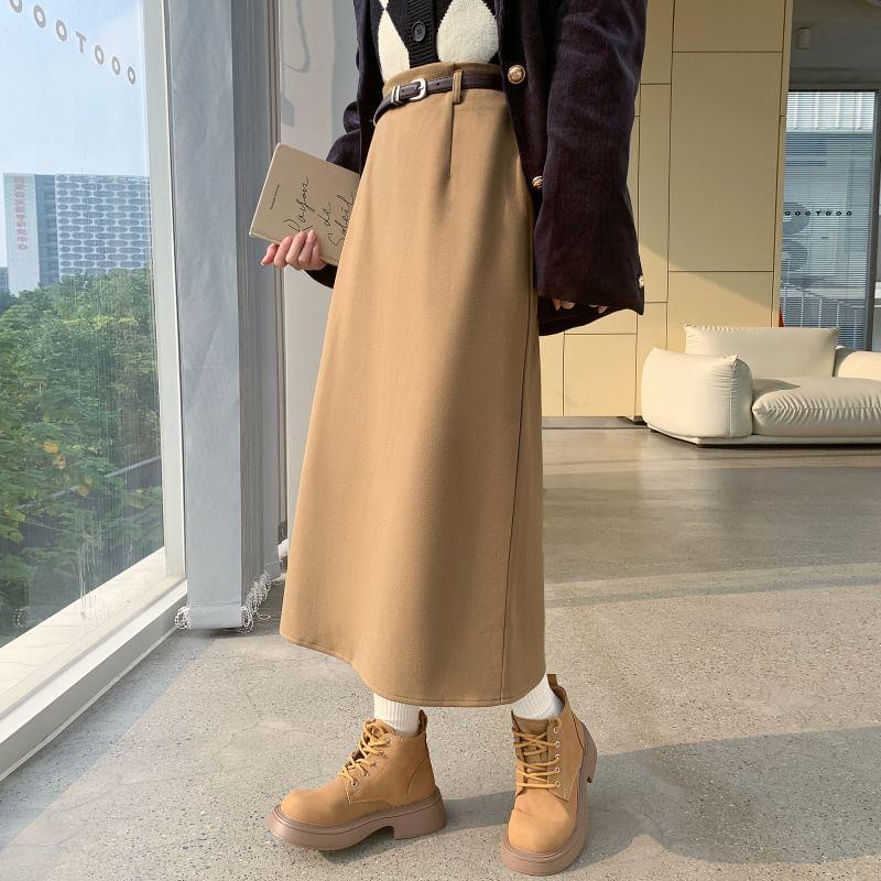 Set: High Rise Plain Midi A-Line Skirt + Belt Product Image