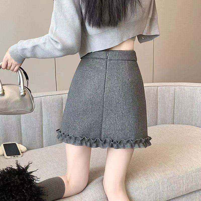 High Waist Plain Ruffle Mini A-Line Skirt Product Image