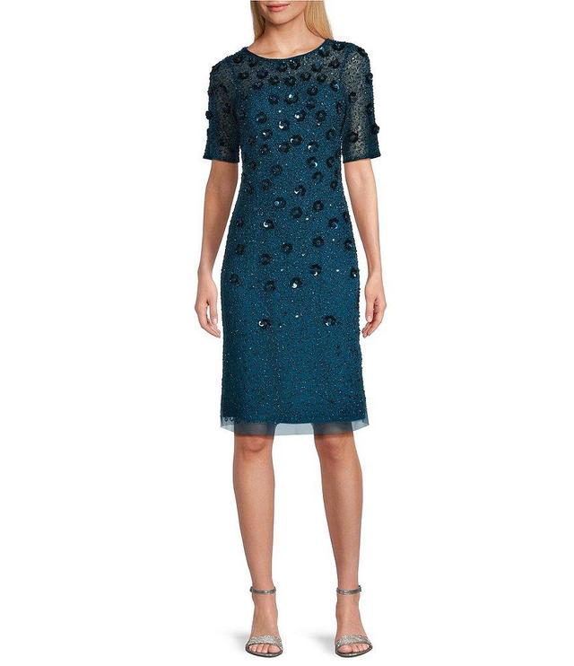 Adrianna Papell Short Elbow Sleeve Floral Applique Round Neck Beaded Sheath Dress Product Image