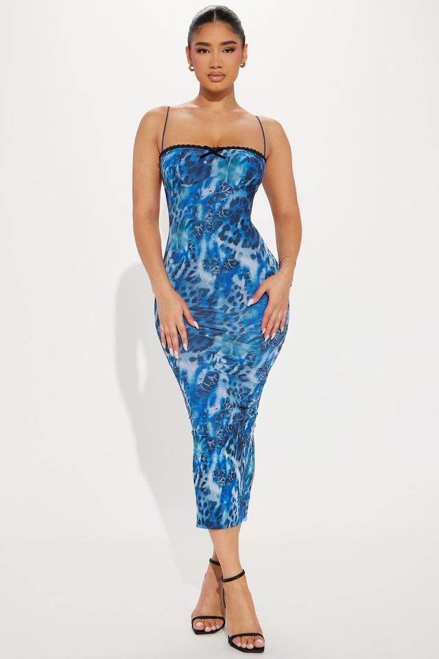 Avery Mesh Leopard Midi Dress - Blue Product Image