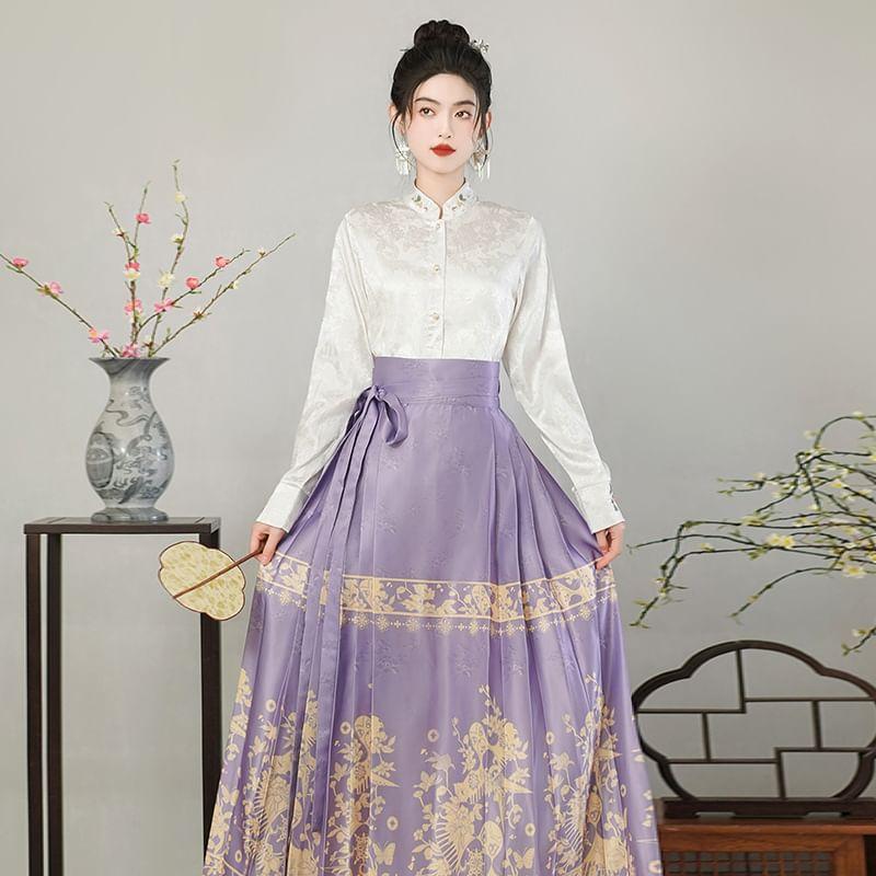 Long-Sleeve Mandarin Collar Floral Embroidered Blouse / High Waist Print Maxi Ma Mian Skirt Product Image