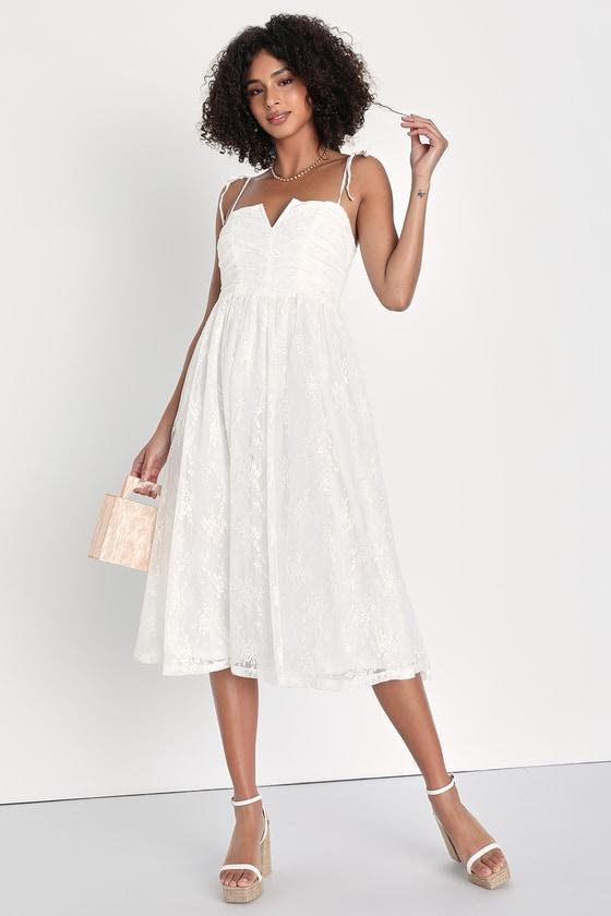 Charismatic Sweetie White Lace Ruched Tie-Strap Midi Dress Product Image