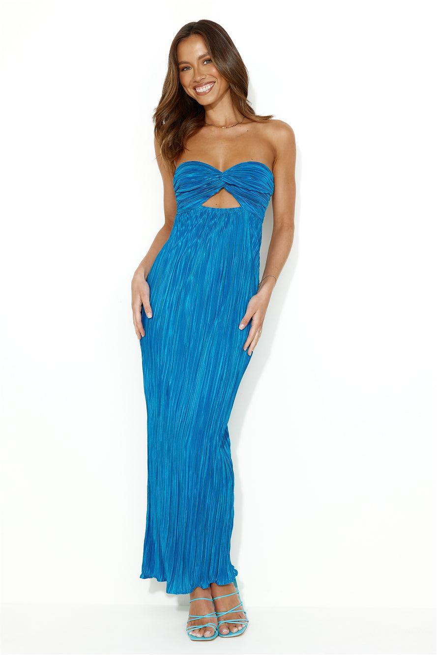 Wearing This Tonight Plisse Strapless Maxi Dress Blue Product Image