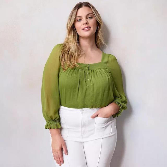 Plus Size LC Lauren Conrad Henley Puff Sleeve Peasant Top, Womens Product Image