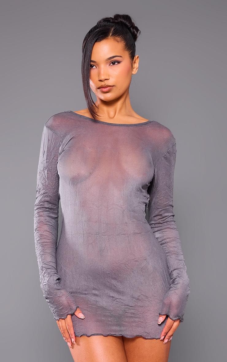 Grey Sheer Mesh Long Sleeve Cowl Back Mini Dress Product Image