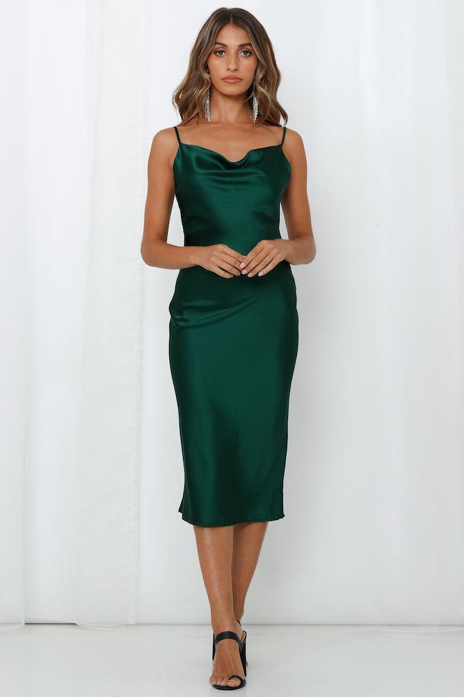 Feel Like Laughing Satin Midi Dress Emerald product image