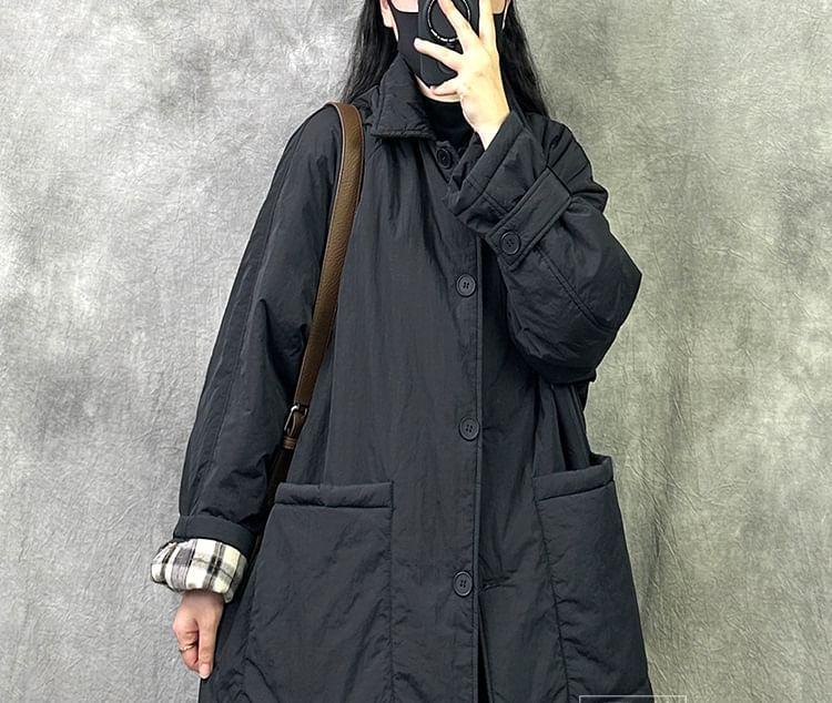 Collared Plain Padded Button-Up Long Coat Product Image