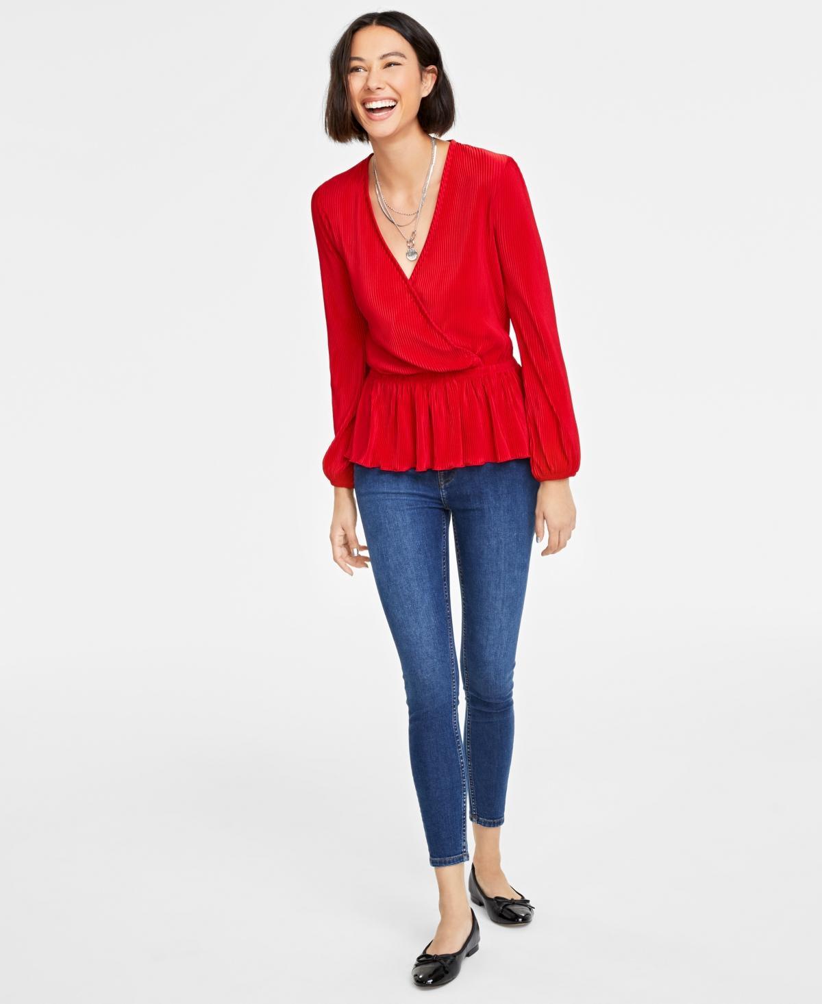 On 34th Womens Plisse Surplice-Neck Peplum Top, Created for Macys Product Image