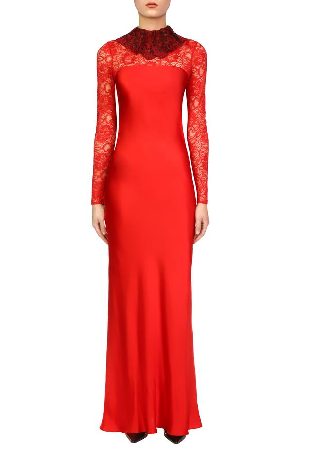 Red Silk Satin Bias Gown With Red Lace Sleeves And Collar Detail Product Image