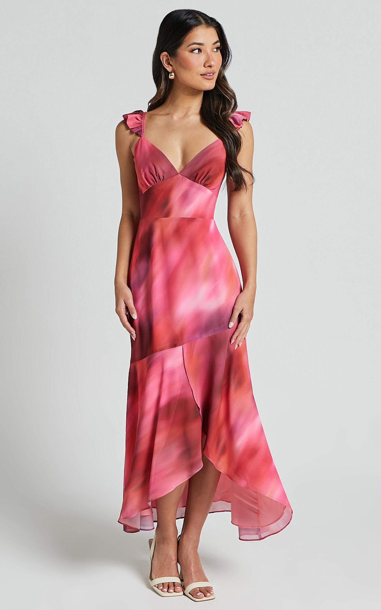 Gillian Midi Dress - Flutter Sleeve Low Back Ruffle Detail Dress in Blushing Haze Product Image