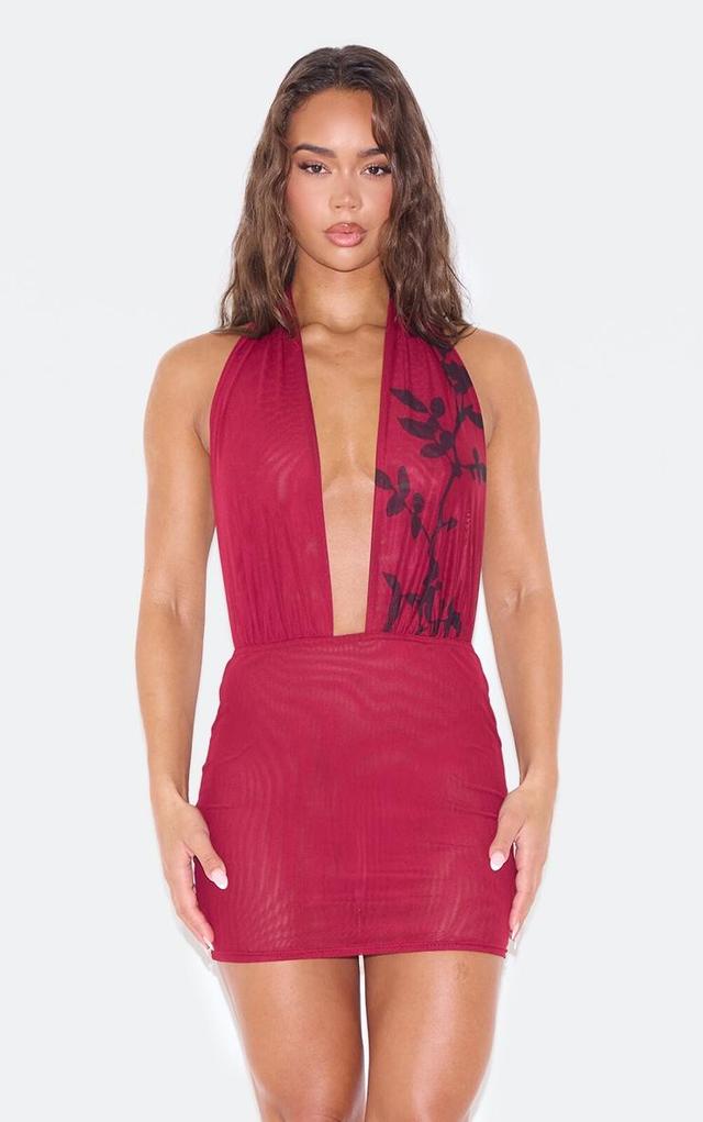 Burgundy Flower Printed Mesh Extreme Plunge Bodycon Dress Product Image