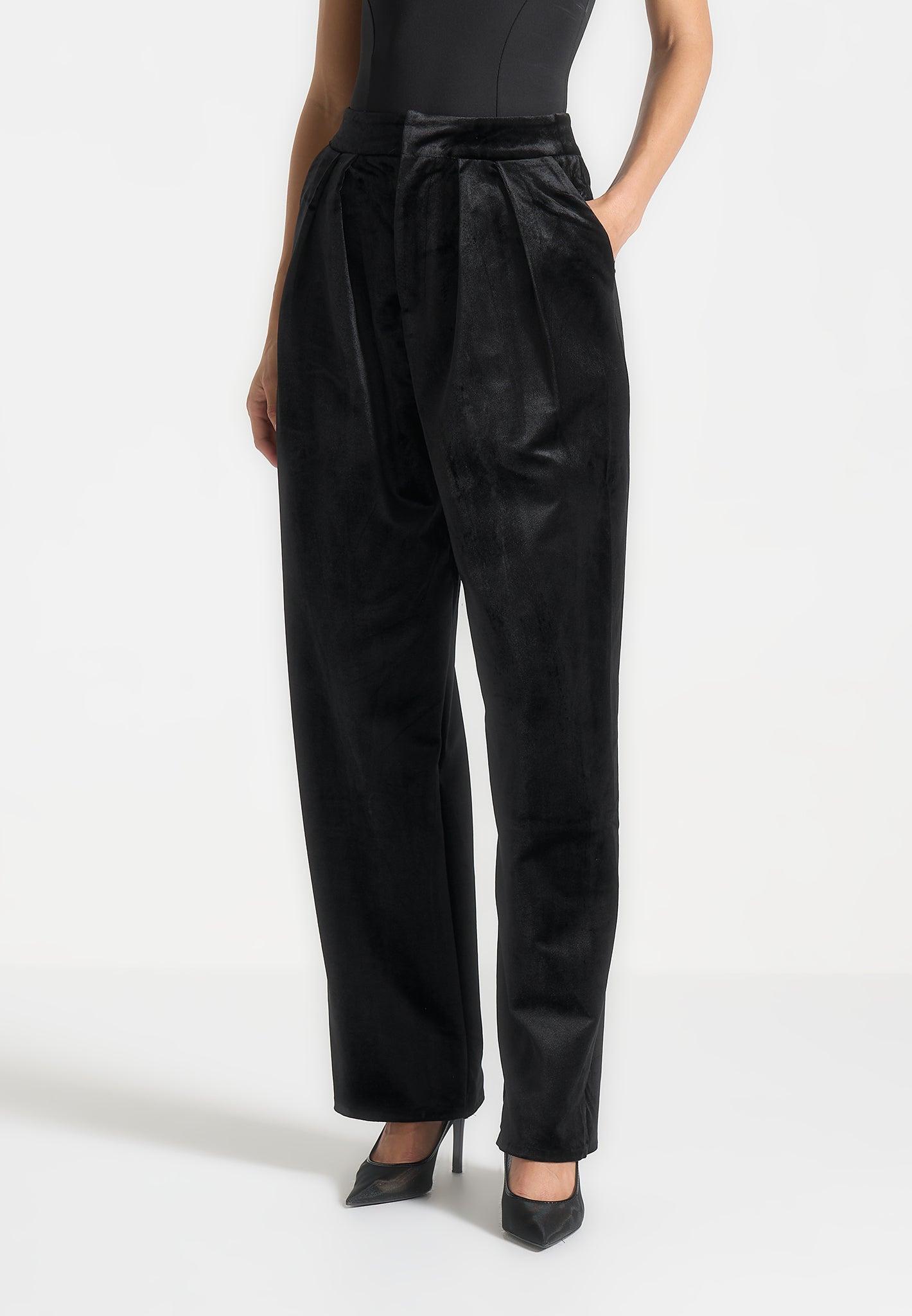 Velvet Tailored Pleated Trousers - Black Female Product Image