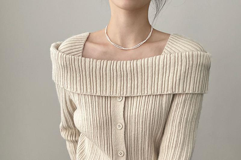 Off-Shoulder Plain Ribbed Sweater Product Image