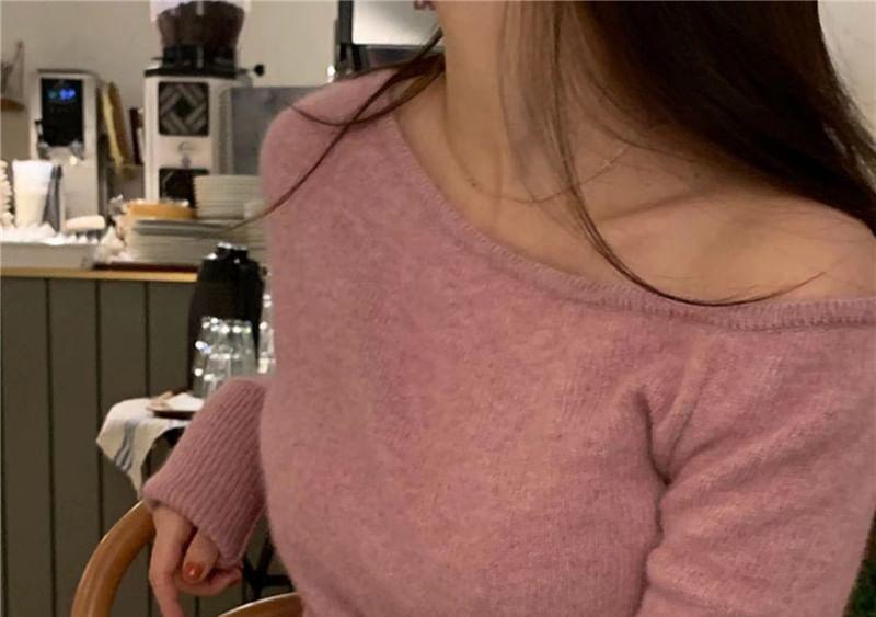 Long Sleeve Off Shoulder Plain Sweater Product Image