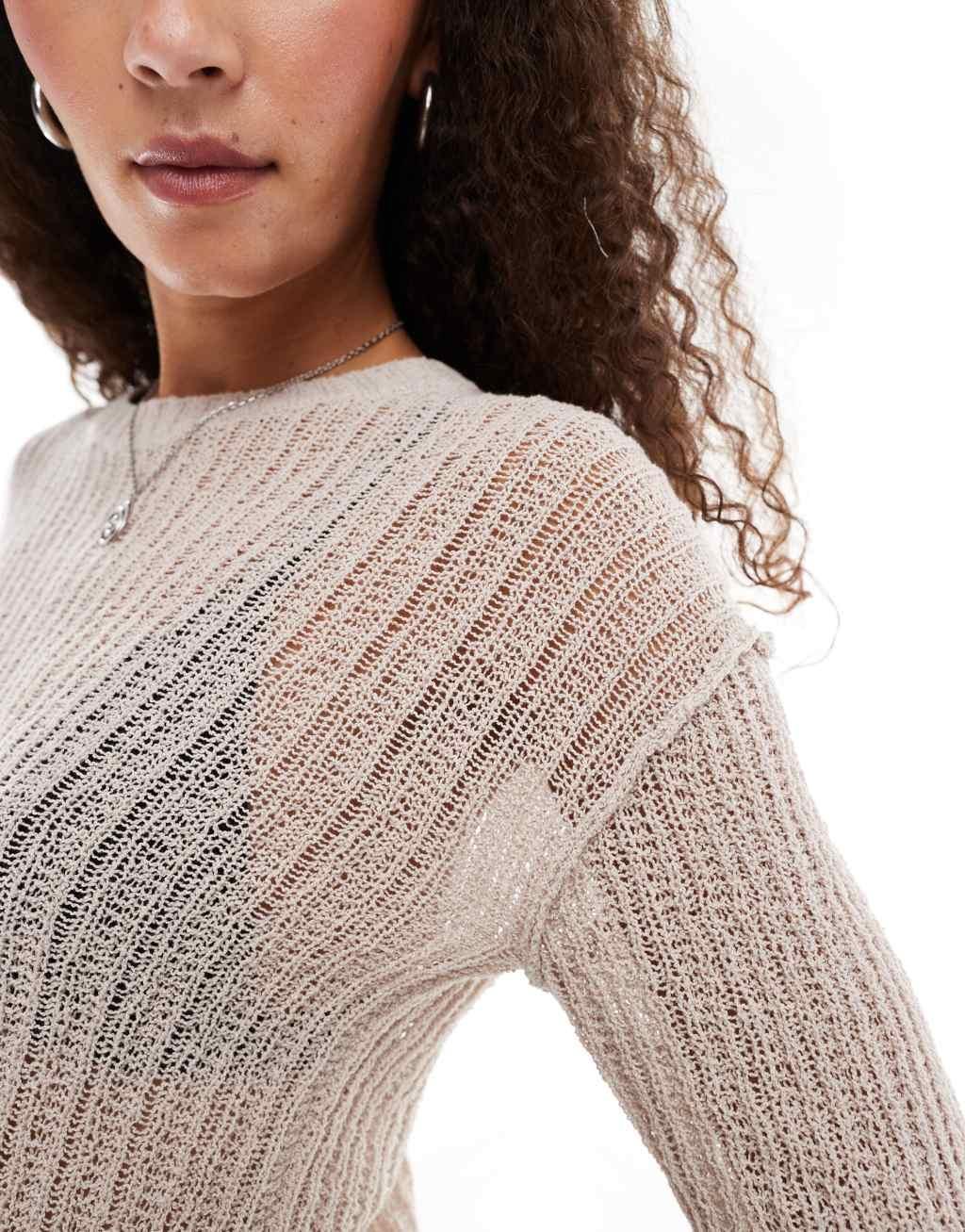 Weekday slim fit lightweight ribbed sweater in beige - Exclusive to ASOS Product Image