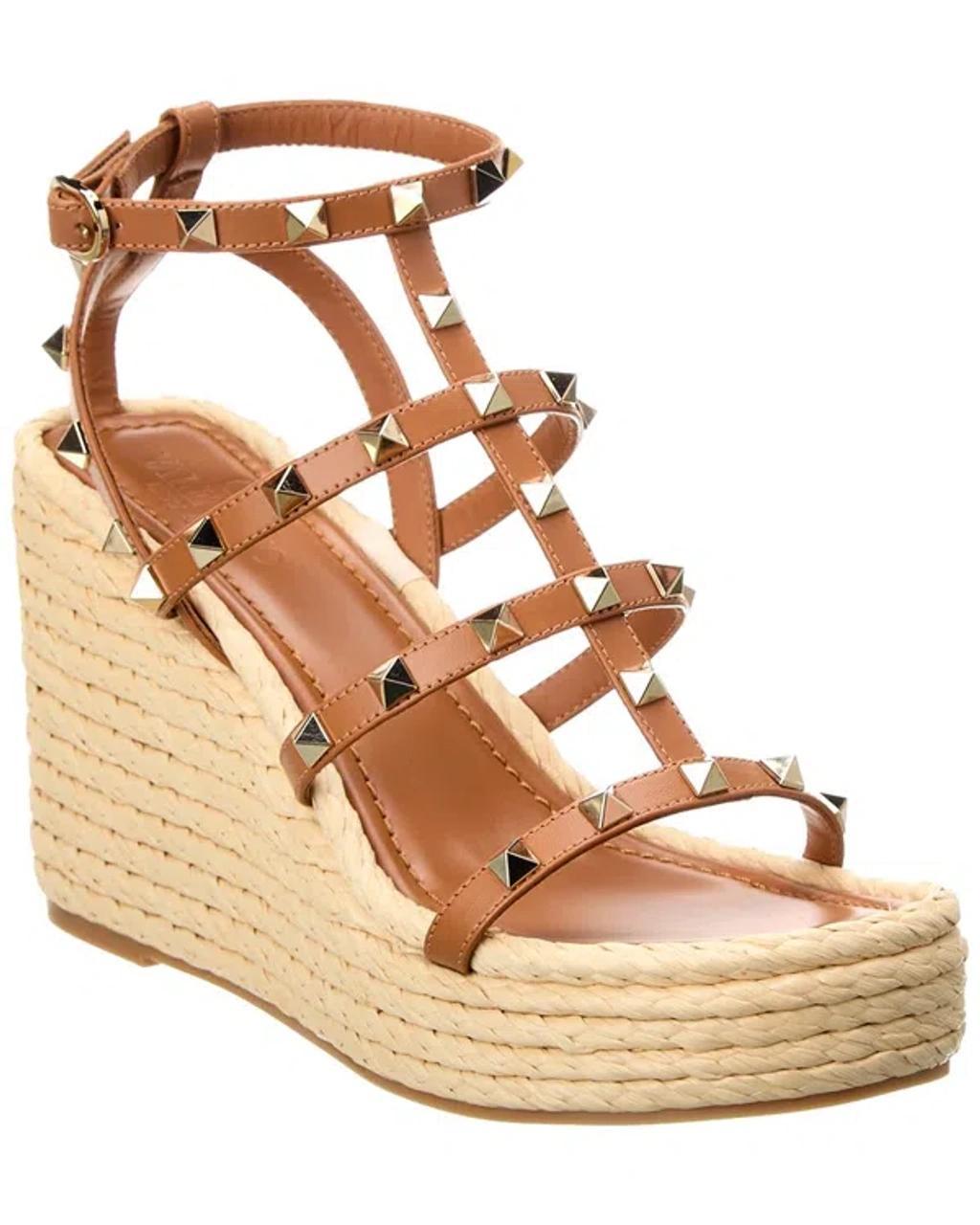 Rockstud Caged 95 Leather Wedge Sandal In Brown Product Image