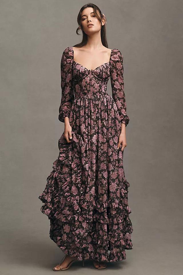 V. Chapman Carmella Long-Sleeve Corset Side-Slit Chiffon Maxi Dress Product Image