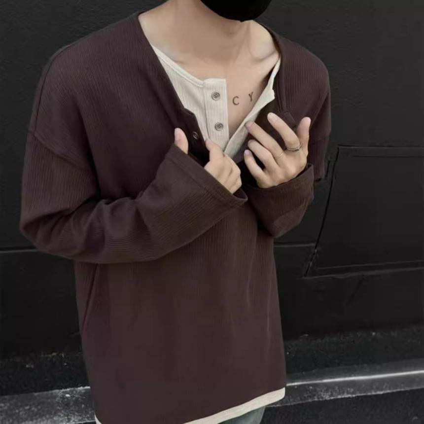 Long-Sleeve Henley Mock Two-Piece Two Tone Ribbed T-Shirt Product Image