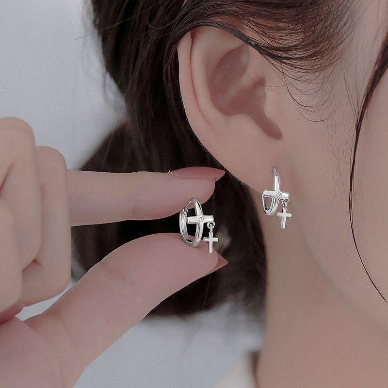 925 Sterling Silver Cross Huggie Earring Product Image