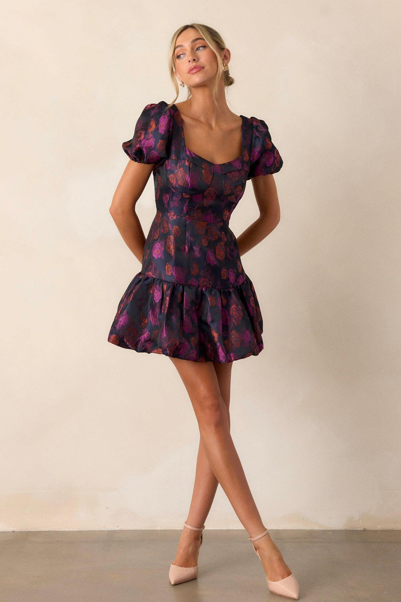 My Lover Plum Floral Puff Sleeve Mini Dress Product Image