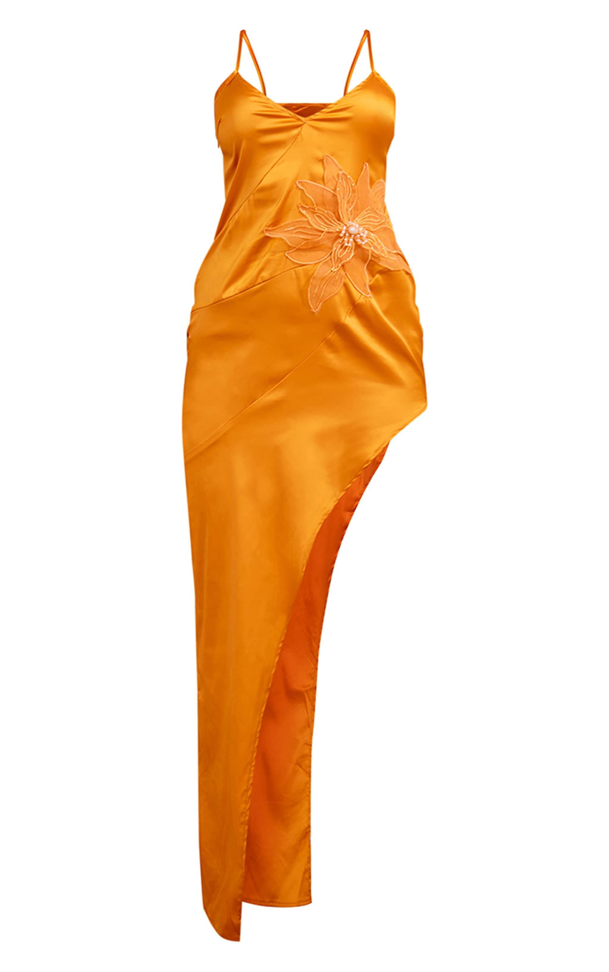 Orange Satin Floral Detail Asymmetric Maxi Dress Product Image