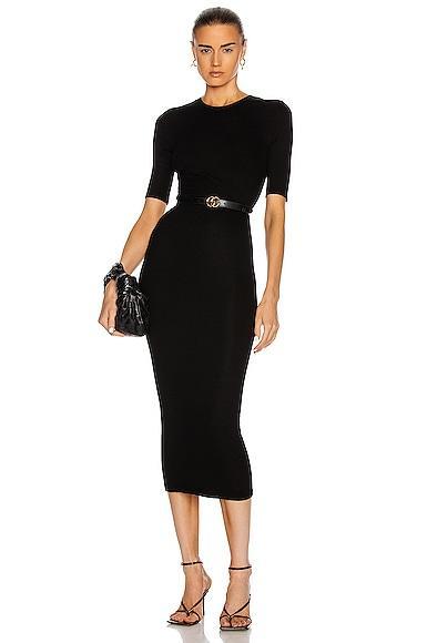 Enza Costa Silk Rib Half Sleeve Crew Midi Dress Black. (also in M, S). Product Image