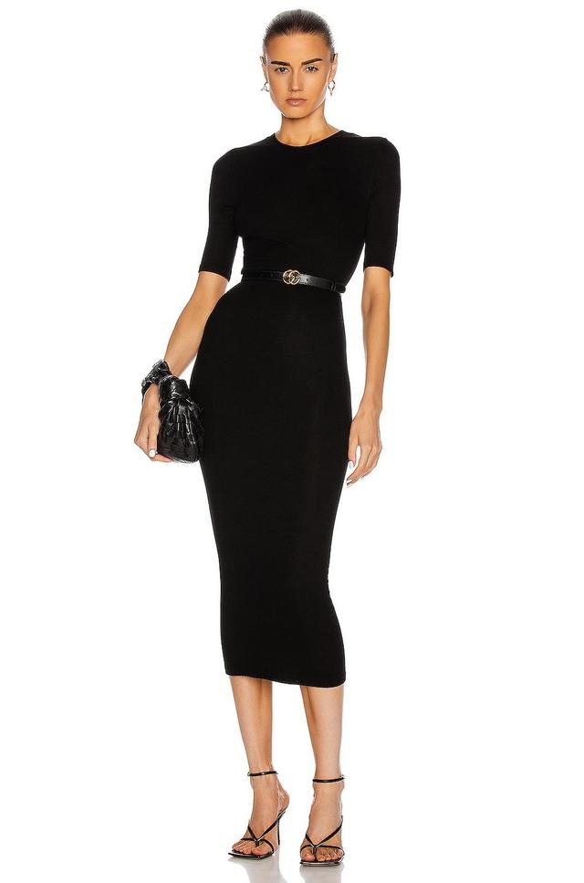 Enza Costa Silk Rib Half Sleeve Crew Midi Dress Black. (also in M, S). Product Image