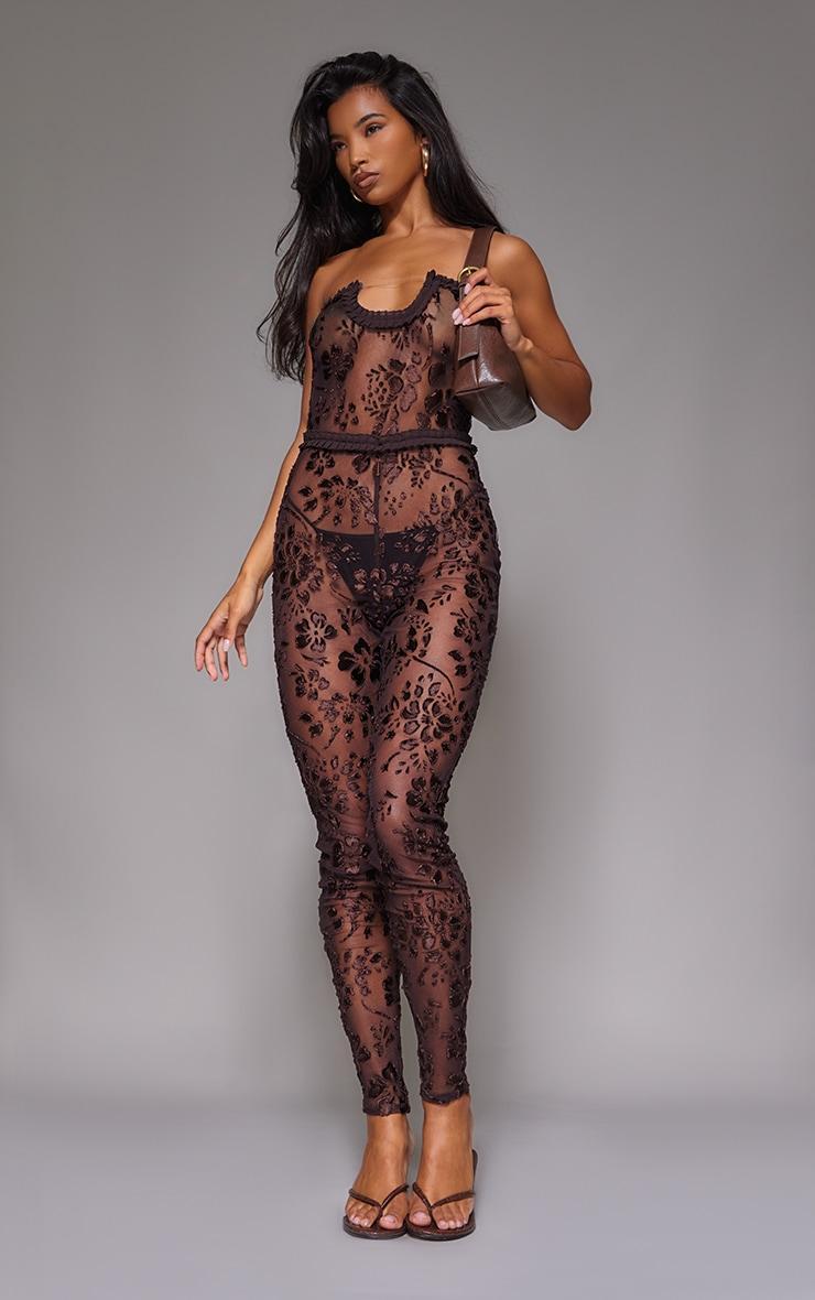 Brown Devore Mesh Bandeau Jumpsuit Product Image