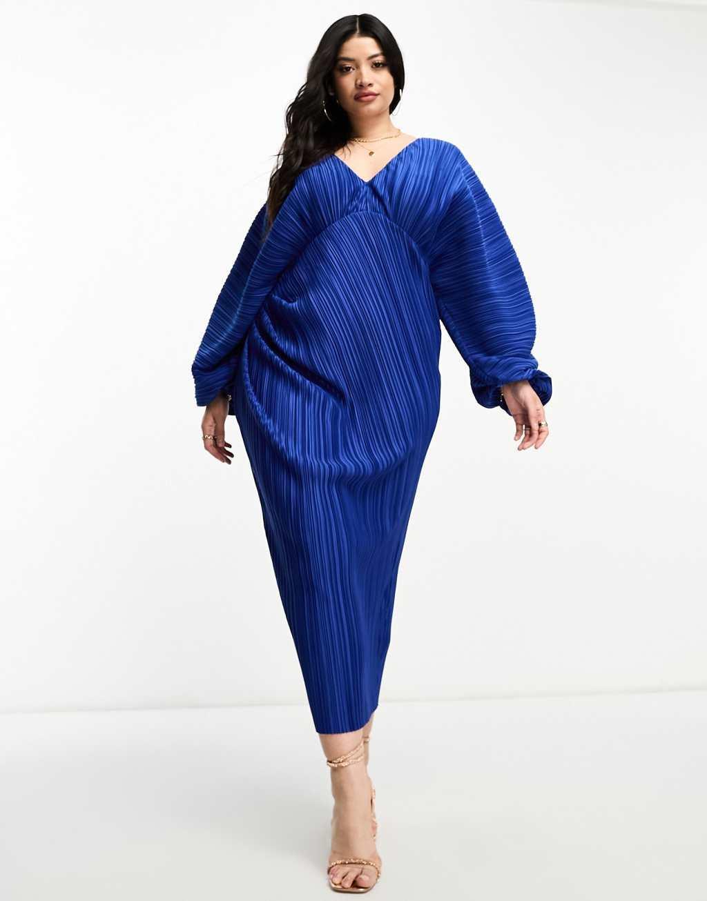 ASOS DESIGN Curve deep plunge blouson sleeve plisse midi dress Product Image