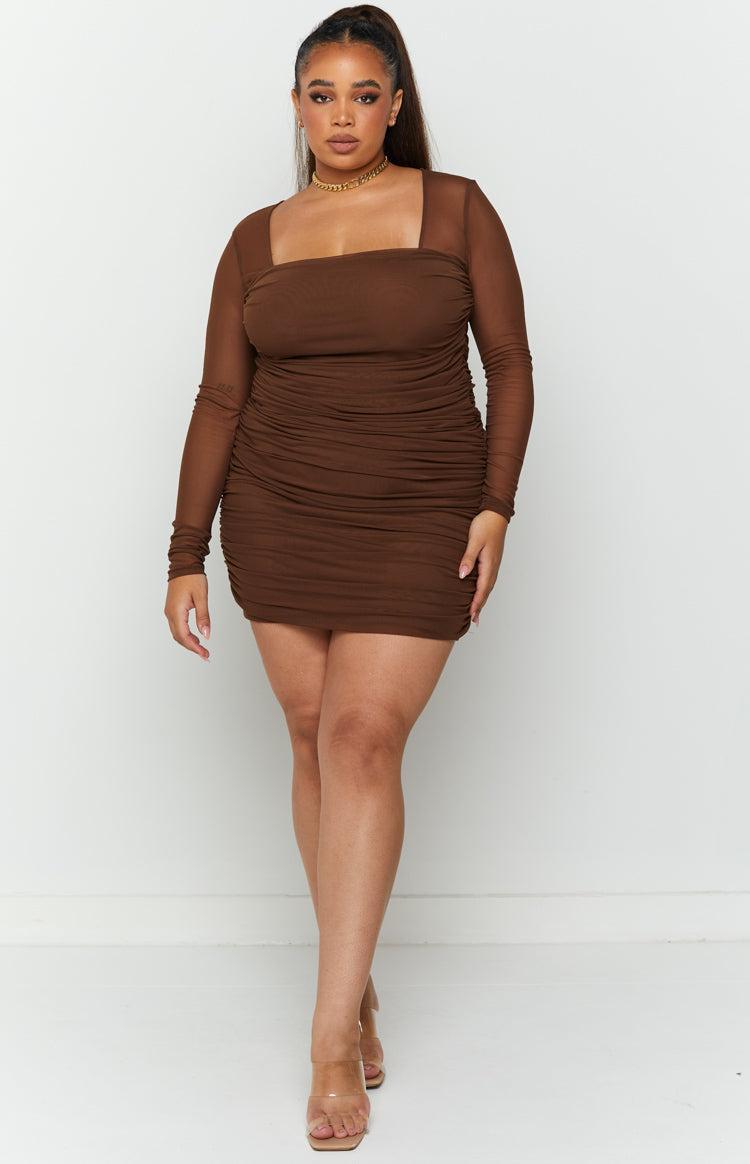 Estee Long Sleeve Mesh Party Dress Brown Product Image