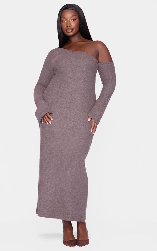 Plus Chocolate Heavy Brushed Asymmetric Ruched Maxi Dress Product Image