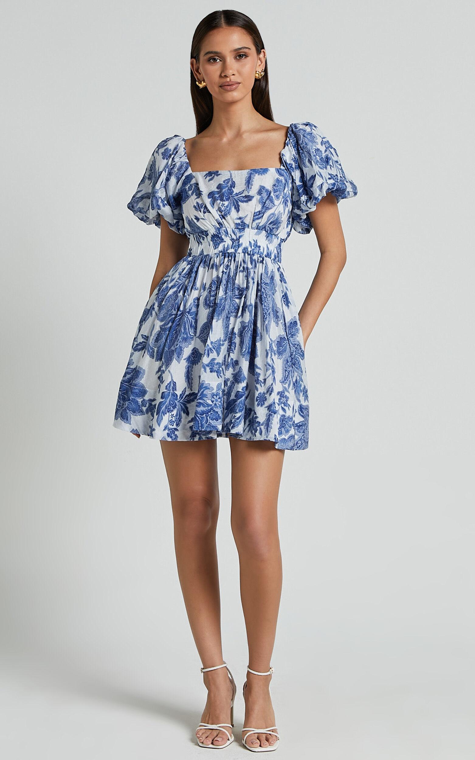 Mira Mini Dress - Square Neck Balloon Sleeve Dress in Blue Floral Product Image