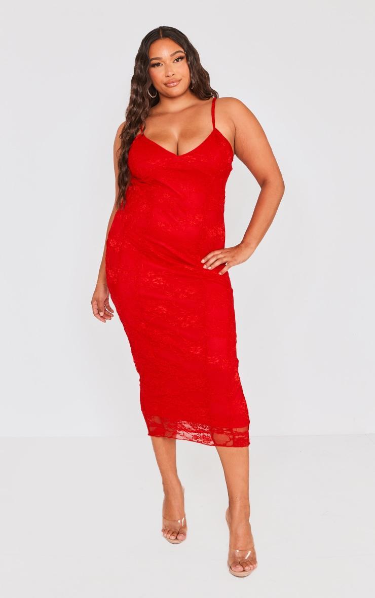 Plus Red Lace Strappy Midi Dress Product Image